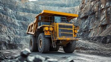 ai generado abierto pozo mía industria, grande amarillo minería camión para carbón antracita foto