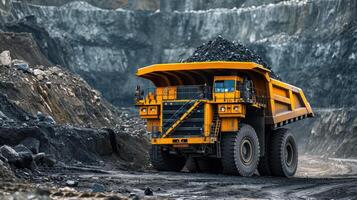 ai generado abierto pozo mía industria, grande amarillo minería camión para carbón antracita foto