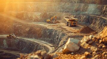 AI generated Work of trucks and the excavator in an open pit on gold mining, photo