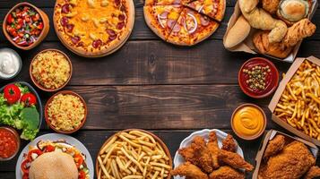 AI generated Buffet table scene of take out or delivery foods. Pizza, hamburgers, fried chicken and sides. Above view on a dark wood background photo