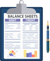 Clipboard with balance sheet and pen. png