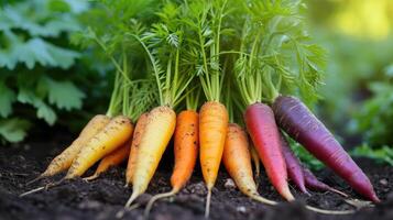 AI generated Fresh rainbow carrots picked from the garden photo