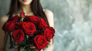 AI generated Woman holding luxury bouquet of fresh red roses on light background, closeup photo