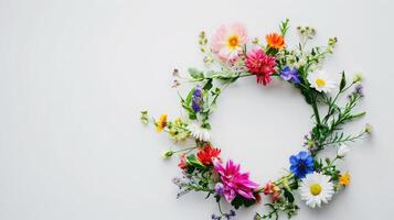 AI generated Flowers composition. Wreath made of various colorful flowers on white background. Easter, spring, summer concept. Flat lay, top view, copy space photo
