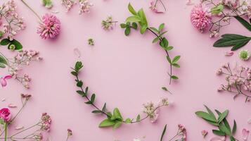 ai generado guirnalda hecho de hermosa flores y verde hojas en pálido rosado fondo, plano poner. espacio para texto foto