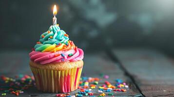 AI generated Colorful cupcake with single birthday candle photo