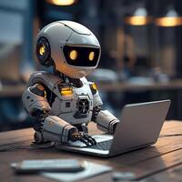 AI generated AI concept Robot multitasks on laptop in futuristic 3D rendering For Social Media Post Size photo