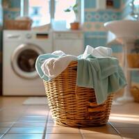 AI generated Laundry basket filled with clothes beside the washing machine For Social Media Post Size photo