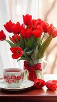 AI generated Refreshing tea beside a bouquet of beautiful red tulips Vertical Mobile Wallpaper photo