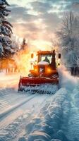 ai generado nieve eliminación equipo trabajos a claro invierno la carretera para viajeros vertical móvil fondo de pantalla foto