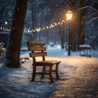 AI generated Wooden chair sits gracefully in winter garden amidst blurred backdrop For Social Media Post Size photo