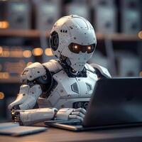 AI generated AI concept Robot multitasks on laptop in futuristic 3D rendering For Social Media Post Size photo