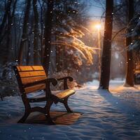 AI generated Winter garden scene features wooden chair against softly blurred background For Social Media Post Size photo
