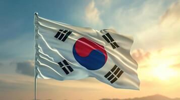 AI generated Waving flag of South Korea in beautiful sky. South Korea flag for independence day. The symbol of the state on wavy fabric photo