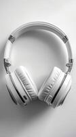 AI generated Top view of white headphones against minimalist white backdrop Vertical Mobile Wallpaper photo