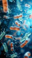 ai generado detallado ver de microscópico bacterias, representando probióticos, en antecedentes vertical móvil fondo de pantalla foto