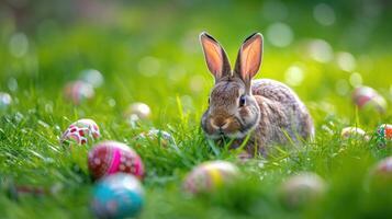 ai generado contento conejito con muchos Pascua de Resurrección huevos en césped festivo antecedentes foto