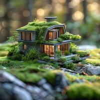 AI generated Green architecture Miniature house symbolizes eco friendly living amidst nature For Social Media Post Size photo