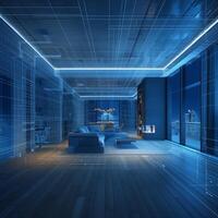 AI generated Modern living vision Futuristic apartment blueprint against glowing city backdrop For Social Media Post Size photo