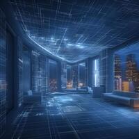 AI generated Modern living vision Futuristic apartment blueprint against glowing city backdrop For Social Media Post Size photo