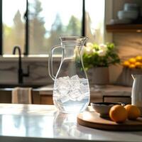 ai generado hidratación estación vaso licorera sostiene prístino Bebiendo agua en cocina para social medios de comunicación enviar Talla foto