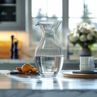 AI generated Clean water source Glass decanter provides pure drinking water in kitchen For Social Media Post Size photo