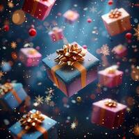AI generated Whimsical holiday scene Colorful Christmas gift boxes descend from above For Social Media Post Size photo