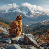 AI generated Adventure awaits Dog with backpack explores majestic mountain scenery For Social Media Post Size photo