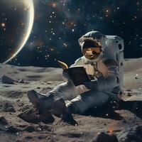 ai generado cósmico educación astronauta disfruta un libro en medio de lunar soledad para social medios de comunicación enviar Talla foto