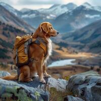 AI generated Adventure awaits Dog with backpack explores majestic mountain scenery For Social Media Post Size photo