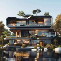 AI generated Stylish modern residence Clean lines and innovative design in 3D For Social Media Post Size photo