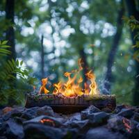 AI generated Green wilderness setting Campfire crackles amid lush foliage For Social Media Post Size photo