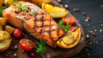 AI generated Fried salmon steak with potatoes and vegetables on wooden table photo