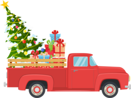 retro red pickup truck with gift box, tree png