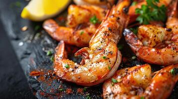 AI generated Grilled tiger shrimps with spice and lemon. Grilled seafood. photo