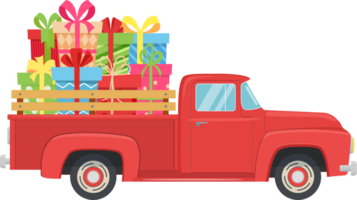 retro rojo recoger camión con regalo caja png