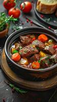 AI generated Hearty comfort food Beef meat and vegetables stew in bowl Vertical Mobile Wallpaper photo