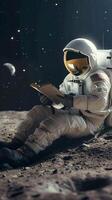 AI generated Space literature Astronaut immersed in reading on the moons surface Vertical Mobile Wallpaper photo