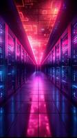 AI generated High tech server facility Data center in vibrant neon colors Vertical Mobile Wallpaper photo