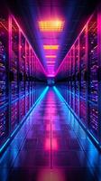 ai generado futurista datos cubo neón iluminado servidor habitación para moderno tecnología infraestructura vertical móvil fondo de pantalla foto