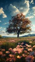 AI generated Scenic landscape Vast flower field and towering tree under sunny sky Vertical Mobile Wallpaper photo