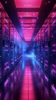 AI generated Cutting edge telecommunications hub Modern data center with neon lighting Vertical Mobile Wallpaper photo