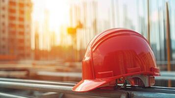 AI generated helmet in construction site and construction site worker background safety first concept photo