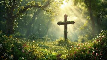 AI generated christian cross in nature photo