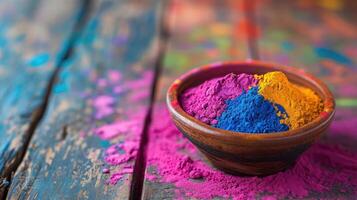 ai generado vistoso holi polvo en cuenco en de madera mesa de cerca en el mesa contento holi festival de colores Arte foto