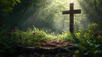 AI generated christian cross in nature photo
