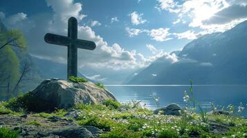 AI generated christian cross in nature photo