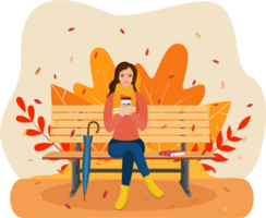 happy girl sitting on a bench with a cup of coffee png