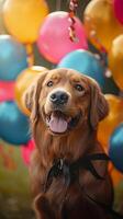 AI generated Canine celebration Dog surrounded by festive balloons and decorations Vertical Mobile Wallpaper photo