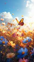 AI generated Floral paradise Vibrant flowers and butterfly adorn serene spring landscape Vertical Mobile Wallpaper photo